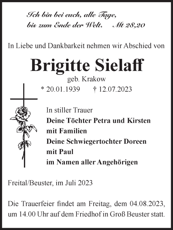 Traueranzeige von Brigitte Sielaff von Volksstimme Altmark Ost