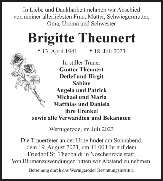 Traueranzeige von Brigitte Theunert von Volksstimme Wernigerode