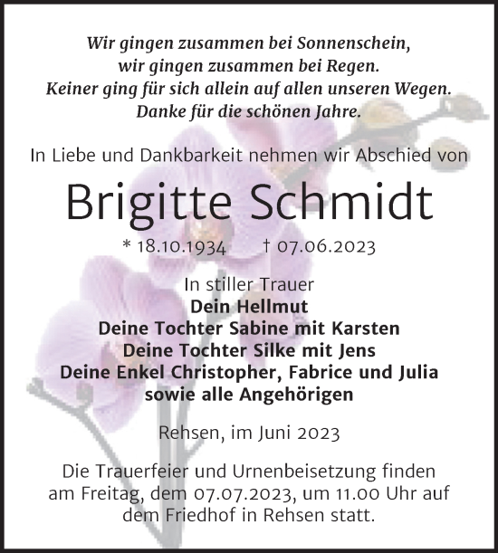 Traueranzeige von Brigtte Schmidt von Trauerkombi Wittenberg