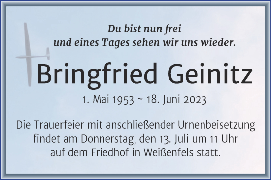 Traueranzeige von Bringfried Geinitz von Mitteldeutsche Zeitung Weißenfels