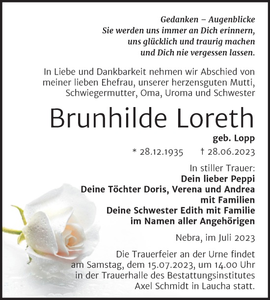 Traueranzeige von Brunhilde Loreth von Wochenspiegel Naumburg/Nebra