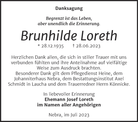 Traueranzeige von Brunhilde Loreth von Wochenspiegel Naumburg/Nebra