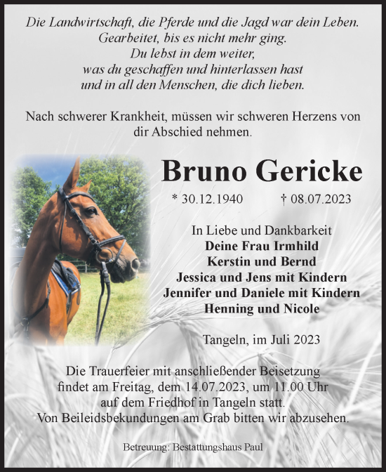 Traueranzeige von Bruno Gericke von Volksstimme Altmark West
