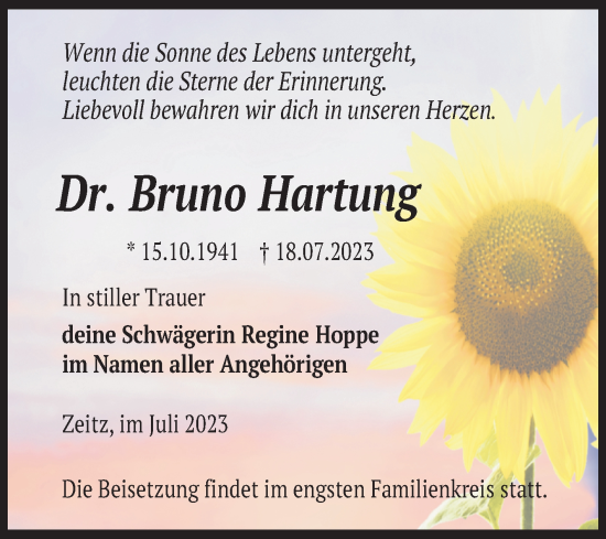 Traueranzeige von Bruno Hartung von Trauerkombi Zeitz