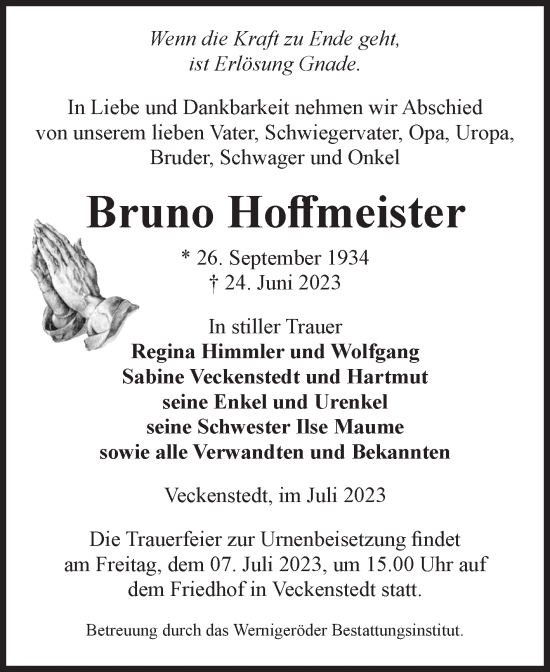 Traueranzeige von Bruno Hoffmeister von Volksstimme Wernigerode