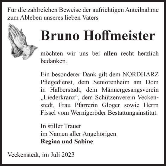 Traueranzeige von Bruno Hoffmeister von Volksstimme Wernigerode