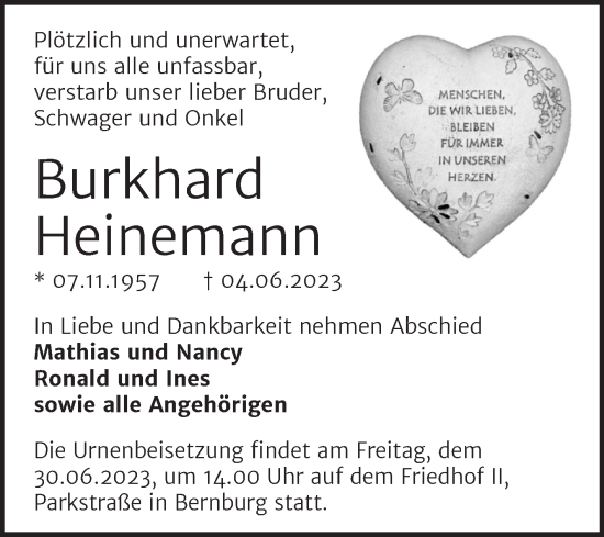 Traueranzeige von Burkhard Heinemann von Trauerkombi Bernburg