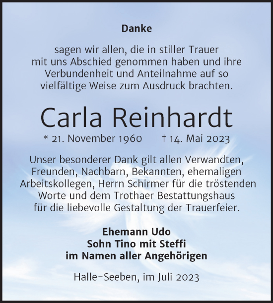Traueranzeige von Carla Reinhardt von Mitteldeutsche Zeitung Halle/Saalkreis