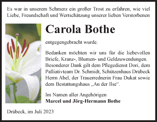 Traueranzeige von Carola Bothe von Volksstimme Wernigerode