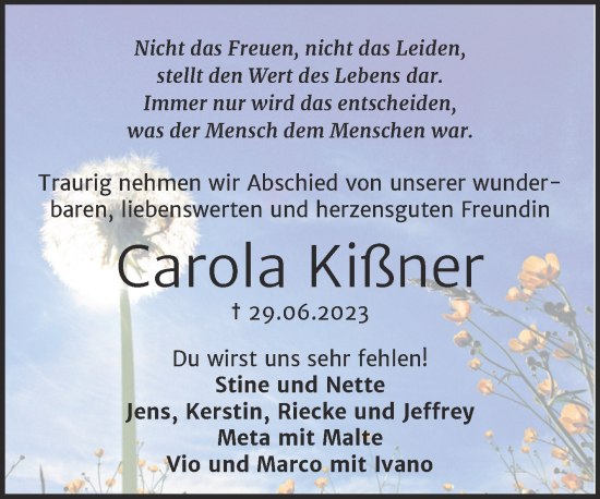 Traueranzeige von Carola Kißner von Trauerkombi Bernburg