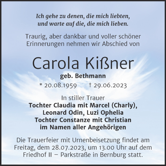 Traueranzeige von Carola Kißner von Trauerkombi Bernburg