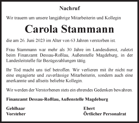 Traueranzeige von Carola Stammann von Volksstimme Magdeburg