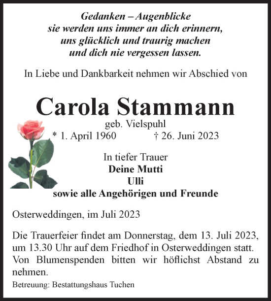 Traueranzeige von Carola Stammann von Volksstimme Oschersleben/Wanzleben