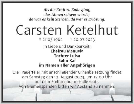 Traueranzeige von Carsten Ketelhut von Mitteldeutsche Zeitung Halle/Saalkreis