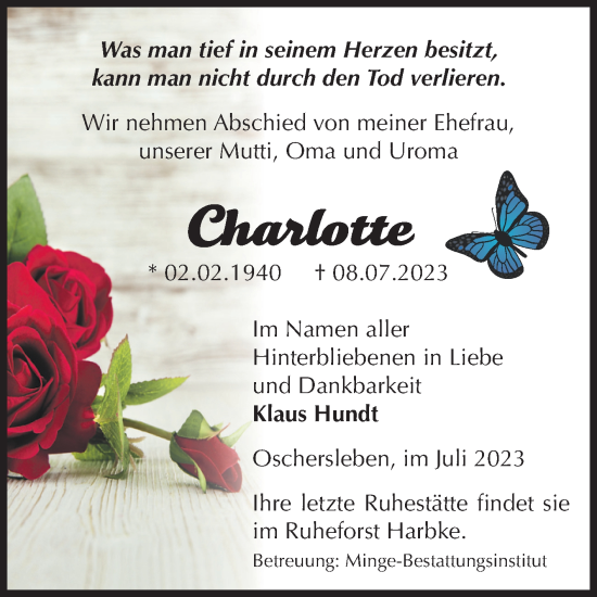 Traueranzeige von Charlotte  von Volksstimme Oschersleben/Wanzleben