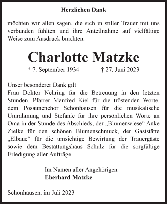 Traueranzeige von Charlotte Matzke von Volksstimme Altmark Ost