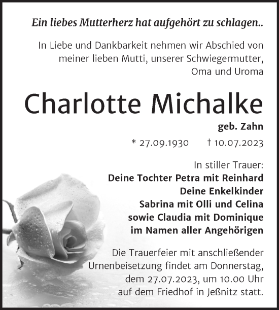 Traueranzeige von Charlotte Michalke von Trauerkombi Bitterfeld