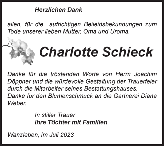 Traueranzeige von Charlotte Schieck von Volksstimme Oschersleben/Wanzleben