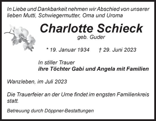 Traueranzeige von Charlotte Schieck von Volksstimme Oschersleben/Wanzleben