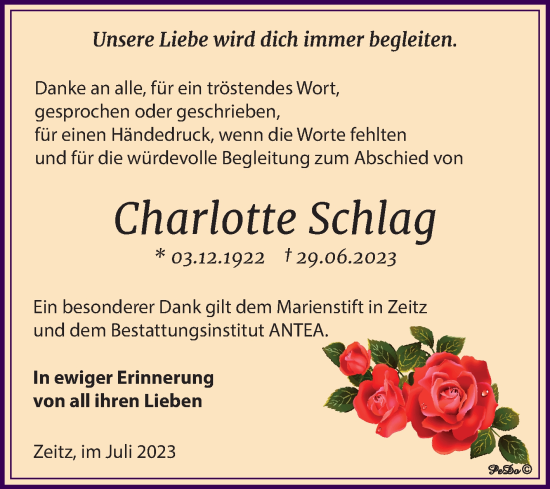 Traueranzeige von Charlotte Schlag von Trauerkombi Zeitz