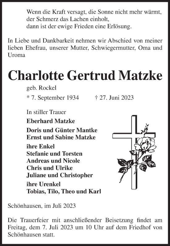 Traueranzeige von Charlotte Gertrud Matzke von Volksstimme Altmark Ost