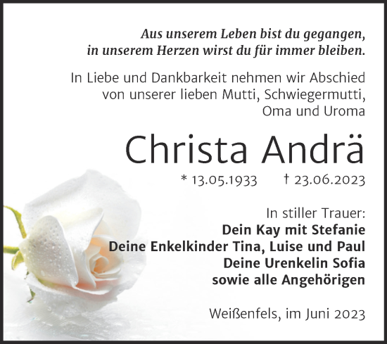 Traueranzeige von Christa Andrä von Trauerkombi Weißenfels