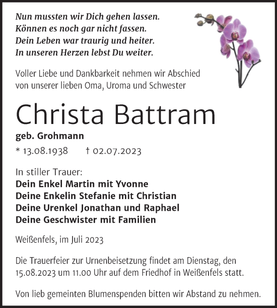 Traueranzeige von Christa Battram von Trauerkombi Weißenfels