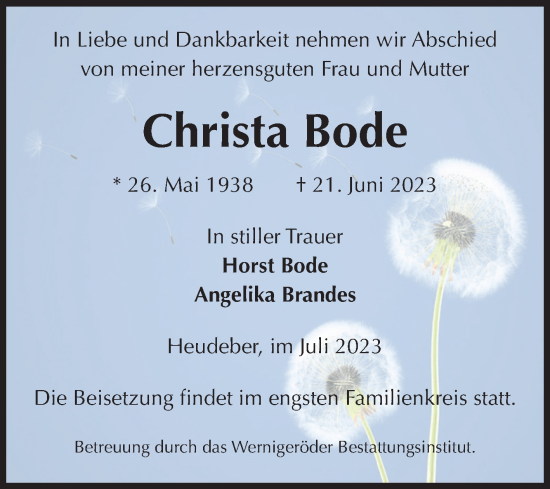 Traueranzeige von Christa Bode von Volksstimme Wernigerode