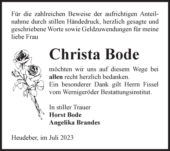 Traueranzeige von Christa Bode von Volksstimme Wernigerode