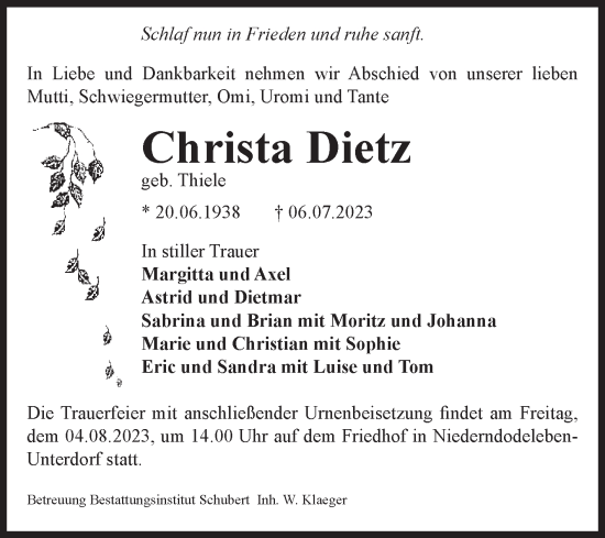 Traueranzeige von Christa Dietz von Volksstimme Haldensleben/Wolmirstedt