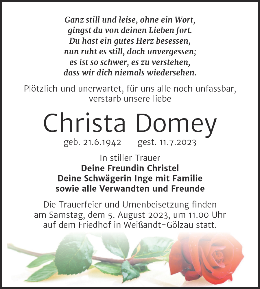  Traueranzeige für Christa Domey vom 15.07.2023 aus Trauerkombi Köthen