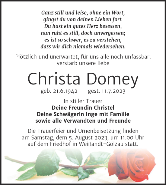 Traueranzeige von Christa Domey von Trauerkombi Köthen