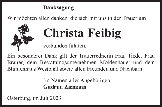 Traueranzeige von Christa Feibig von Volksstimme Altmark Ost