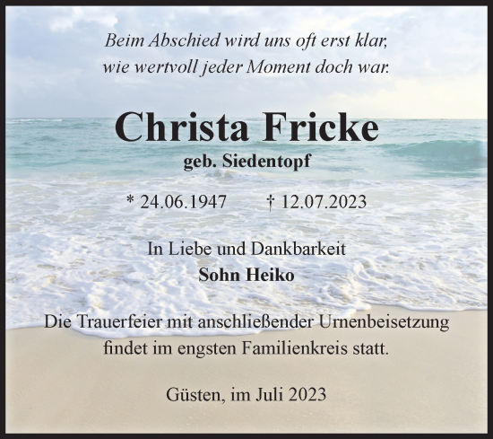Traueranzeige von Christa Fricke von Volksstimme Staßfurt