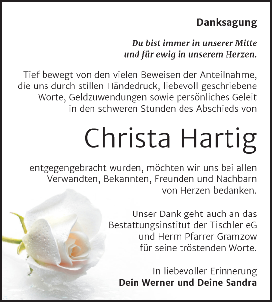 Traueranzeige von Christa Hartig von Trauerkombi Wittenberg