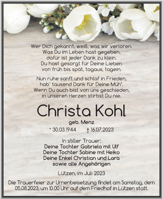 Traueranzeige von Christa Kohl von Trauerkombi Weißenfels