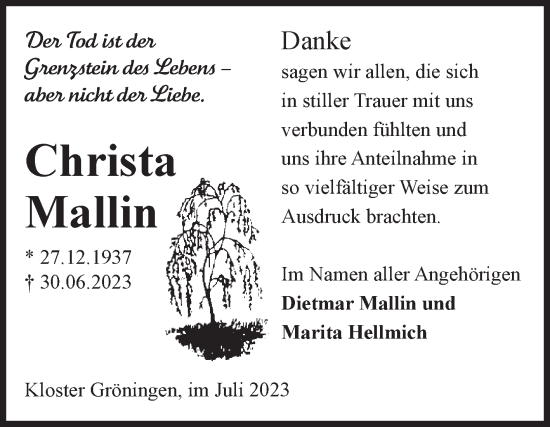 Traueranzeige von Christa Mallin von Volksstimme Oschersleben/Wanzleben