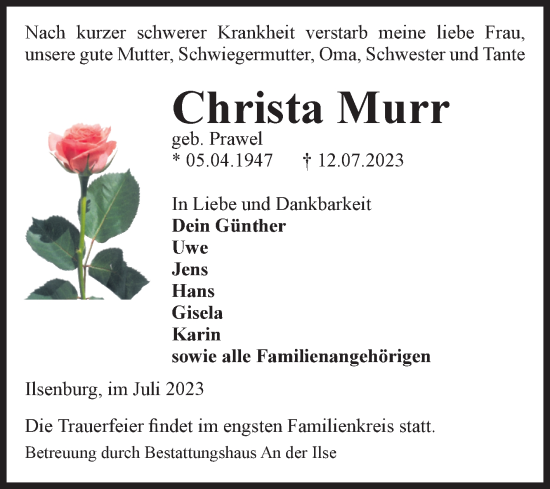 Traueranzeige von Christa Murr von Volksstimme Wernigerode