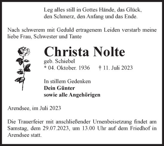 Traueranzeige von Christa Nolte von Volksstimme Altmark West