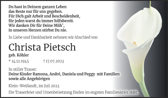 Traueranzeige von Christa Pietsch von Trauerkombi Köthen