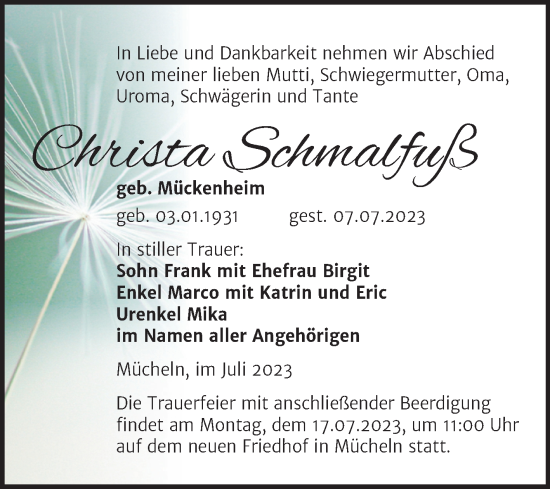 Traueranzeige von Christa Schmalfuß von Trauerkombi Merseburg