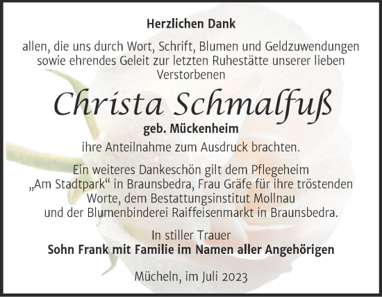 Traueranzeige von Christa Schmalfuß von Trauerkombi Merseburg