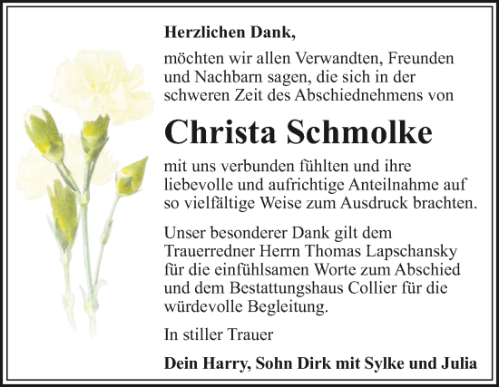 Traueranzeige von Christa Schmolke von Trauerkombi Dessau