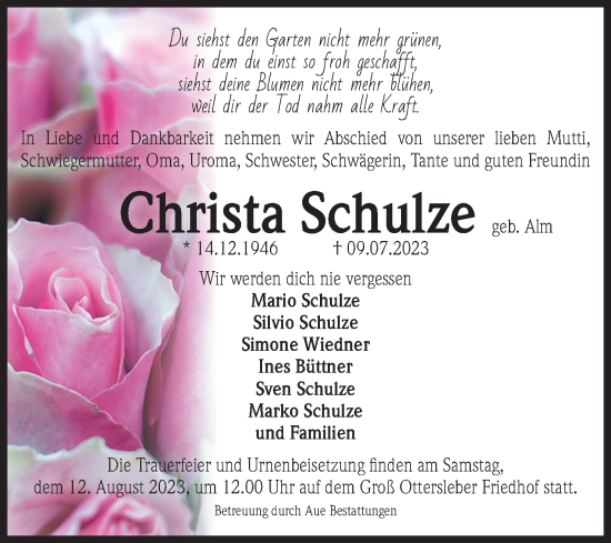 Traueranzeige von Christa Schulze von Volksstimme Magdeburg