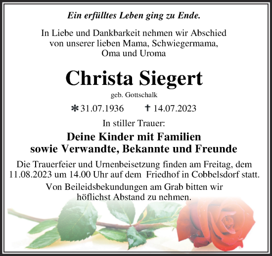 Traueranzeige von Christa Siegert von Trauerkombi Wittenberg