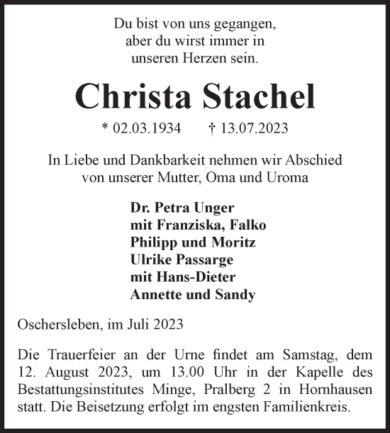 Traueranzeige von Christa Stachel von Volksstimme Oschersleben/Wanzleben