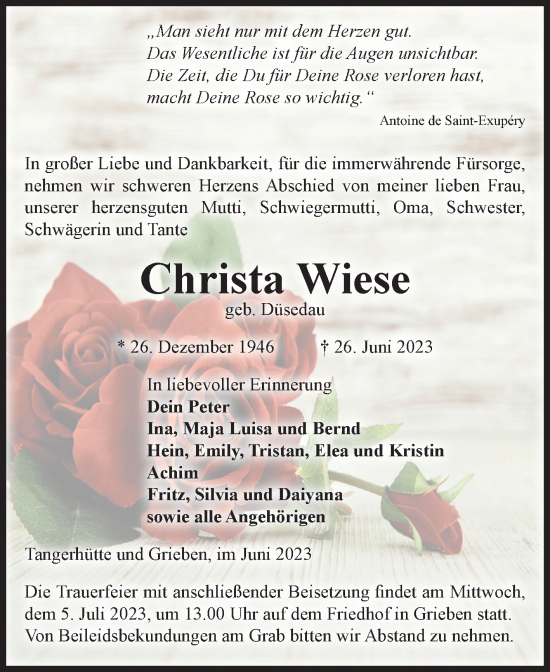 Traueranzeige von Christa Wiese von Volksstimme Altmark Ost