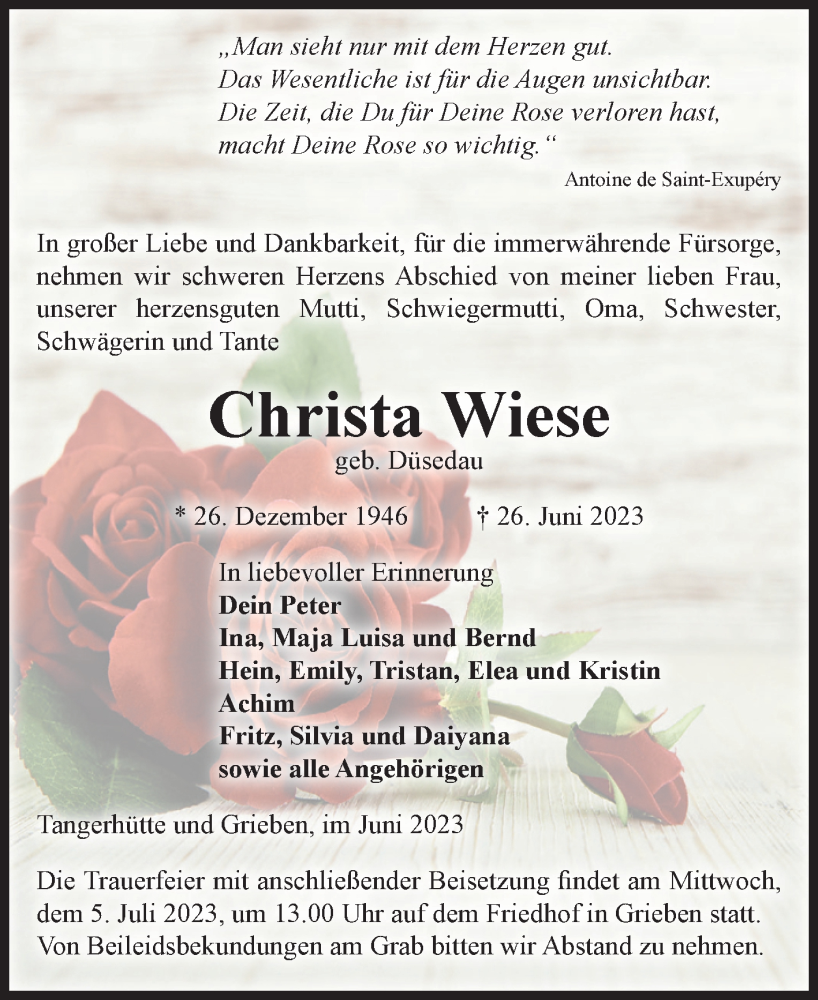  Traueranzeige für Christa Wiese vom 01.07.2023 aus Volksstimme Altmark Ost
