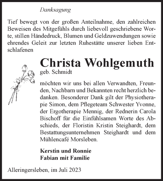 Traueranzeige von Christa Wohlgemuth von Volksstimme Haldensleben/Wolmirstedt