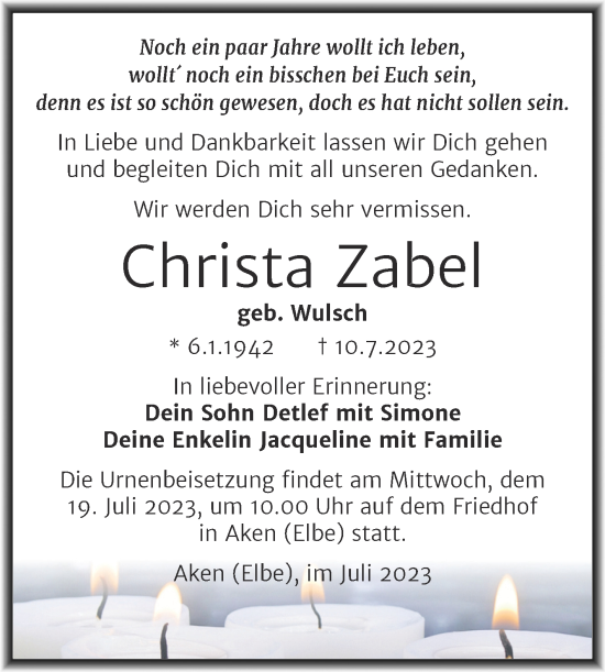 Traueranzeige von Christa Zabel von Trauerkombi Köthen